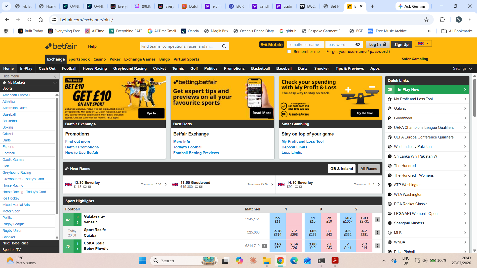 Betfair Exchange homepage, annotated